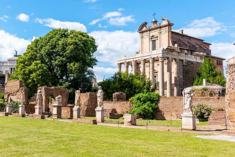 view of the roman forum with the temple of vesta